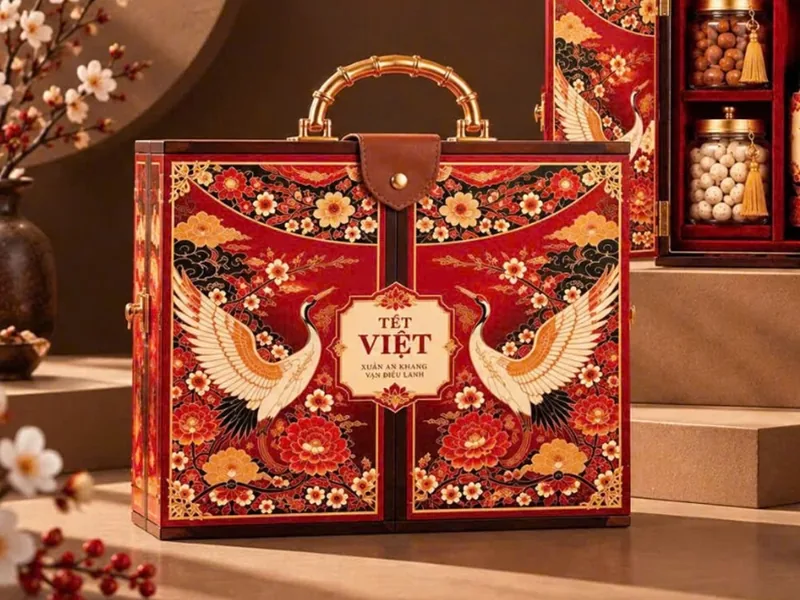 Mẫu hộp CC-03 Tết Việt, Đỏ, hoạ tiết hạc, quai tre, cửa mở 2 tầng